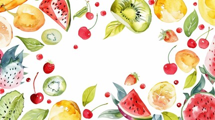 Watercolor frame with summer fruits like watermelon, kiwi, oranges and cherries.  Perfect for invitations, cards, and more.