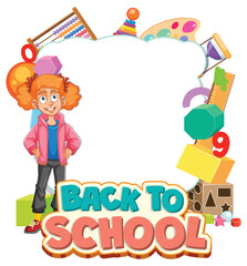 Excited girl with school supplies frame