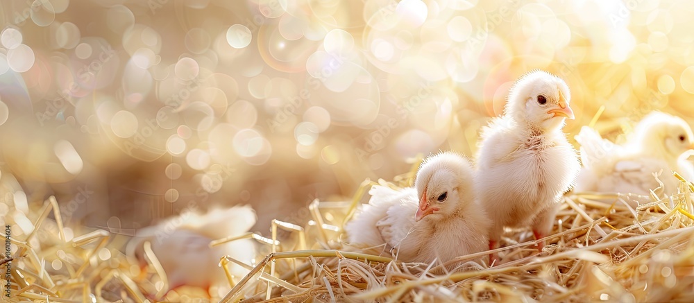 Poster little chickens in a farm. copy space image. place for adding text or design