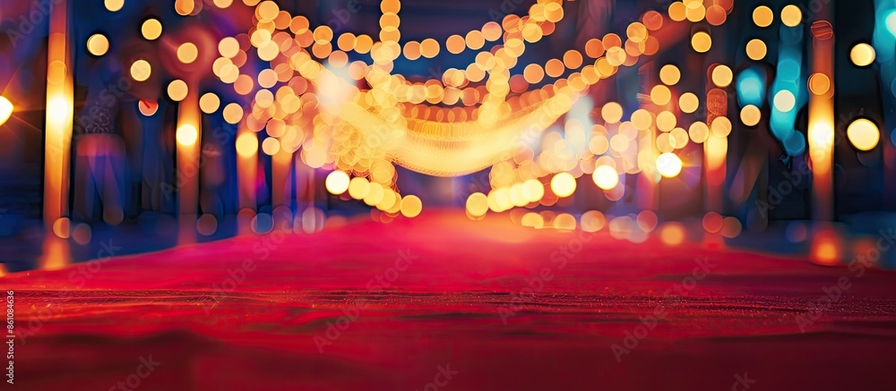 Poster red carpet night illuminated with flashes. copy space image. place for adding text and design