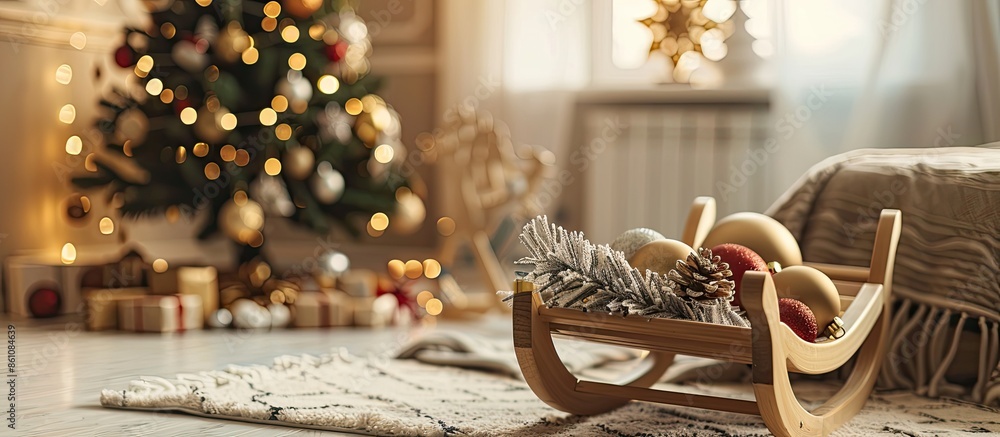Poster very big wooden sledge on blur background of new year style bedroom and chrismas tree with a lot of 