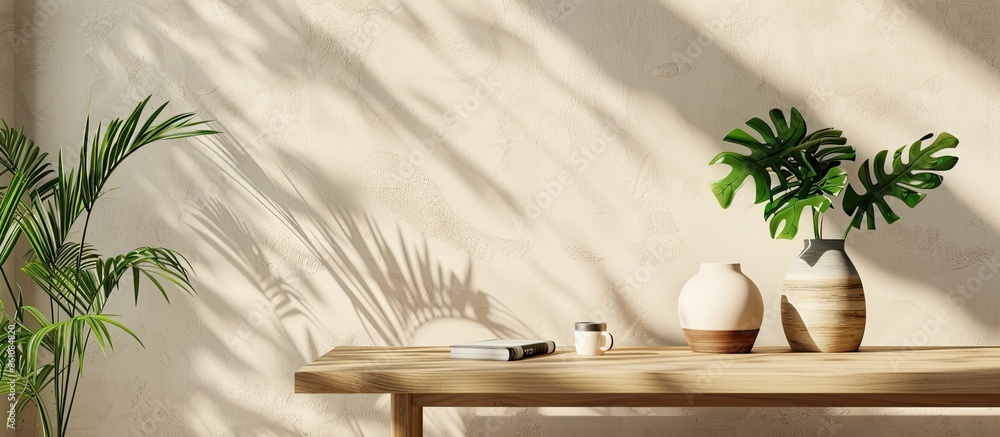 Poster coffee table with houseplant near light wall. copy space image. place for adding text and design