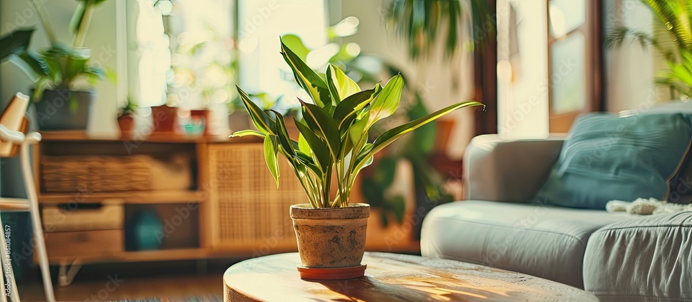 Poster spring atmosphere. coffee table with potted plant, comfy sofa and armchair indoors. copy space image