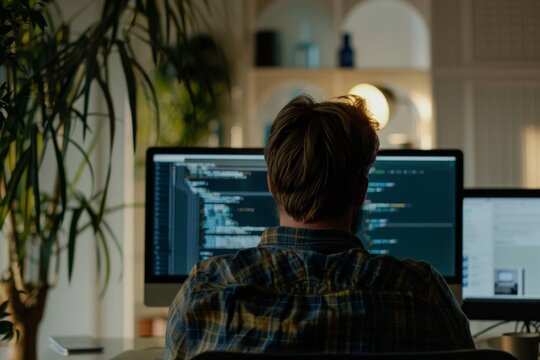 A developer writing database queries in a modern office setting, focusing on a computer screen with lines of code and a keyboard