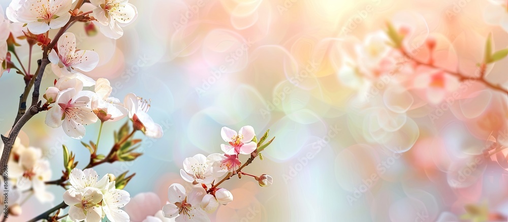 Poster apricot blossom in spring, pastel background. flower. copy space image. place for adding text and de