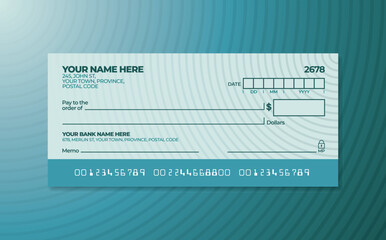 Blank bank check. Checkbook cheque template. Checkbook cheque template with blue theme. Money payment voucher or pay cash cheque certificate.