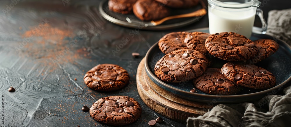Poster chocolate biscuits served with milk at home. copy space image. place for adding text and design