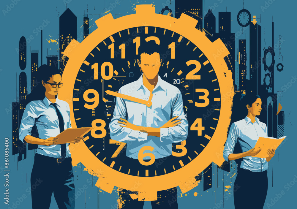 Poster 24/7 customer support operators team with clock background illustrating nonstop technical assistance