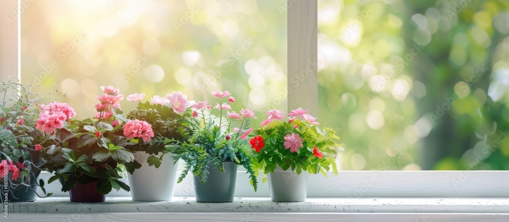 Poster blooming flowers on the windowsill. houseplants on the window. battery view. copy space image. place