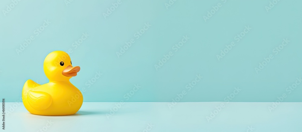 Poster yellow rubber duck toy isolated on pastel background. copy space image. place for adding text and de