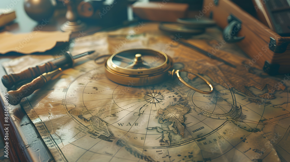 Poster an old geographic map with navigational tools compass divider ruler protractor view of the workplace