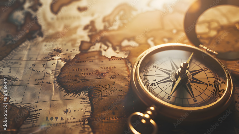 Poster old vintage retro compass on ancient map background travel geography navigation concept background :