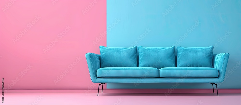 Aufkleber nave blue modern color suede couch sofa isolated on pastel background. copy space image. place for a