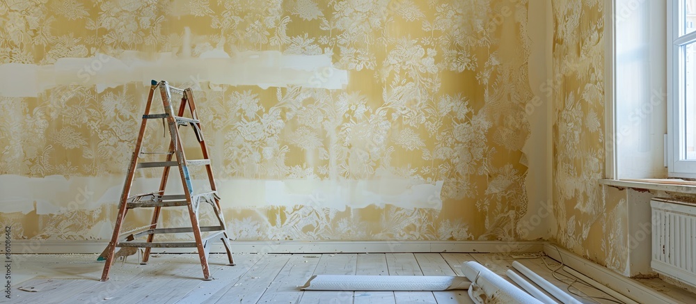 Poster repairs in the apartment wallpapering in the room . copy space image. place for adding text and desi