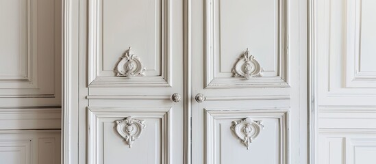 Doors and fittings of a vintage wooden cabinet or wardrobe closeup view, white-painted wood in a modern classic style. Copy space image. Place for adding text and design