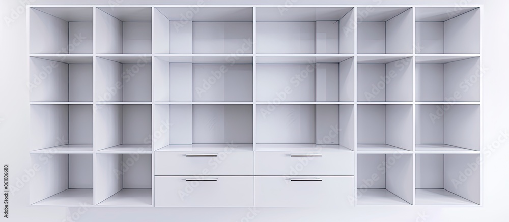 Poster stylish dresser with empty shelves on white background. furniture for wardrobe room. copy space imag
