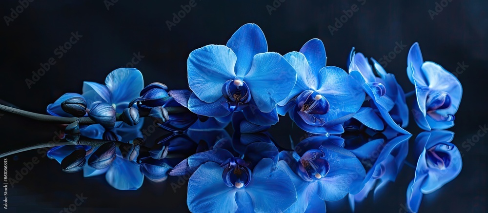 Poster a blue floral arrangement reflecting in mirror. copy space image. place for adding text and design