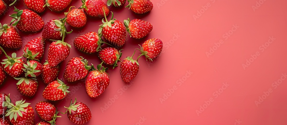 Poster strawberries, small red strawberries on a deep pastel background. copy space image. place for adding