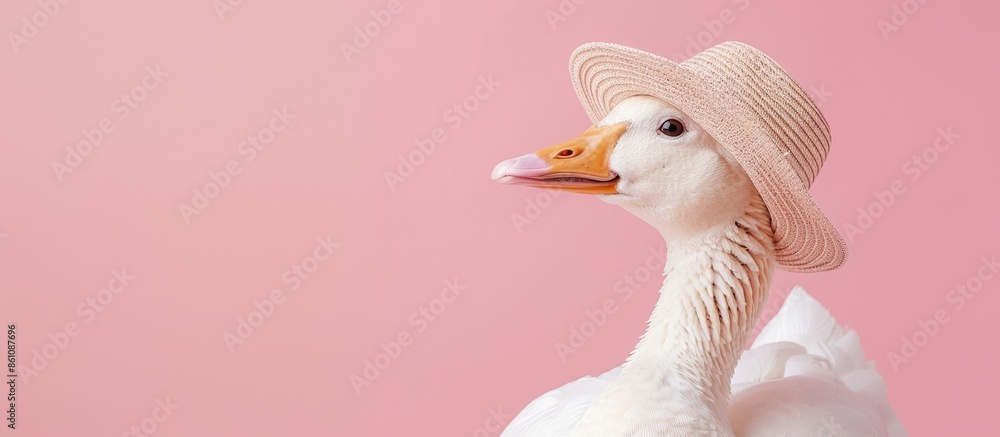 Poster goose in a hat isolated on a pastel background. isolated. copy space image. place for adding text an