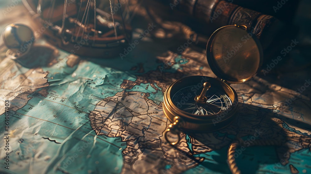 Poster old sea compass on abstract map background pirate and nautical theme grunge background retro style :