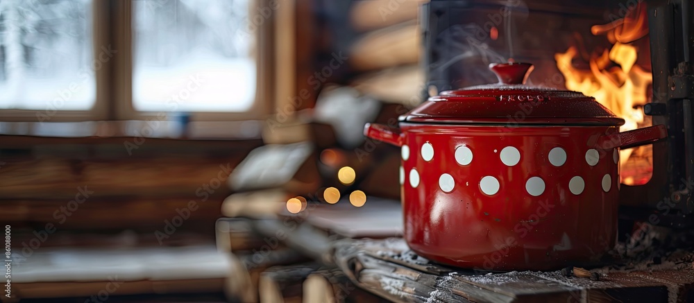Poster red pot with white dots happily cooking on a simple woodstove while heating a cabin during power cut