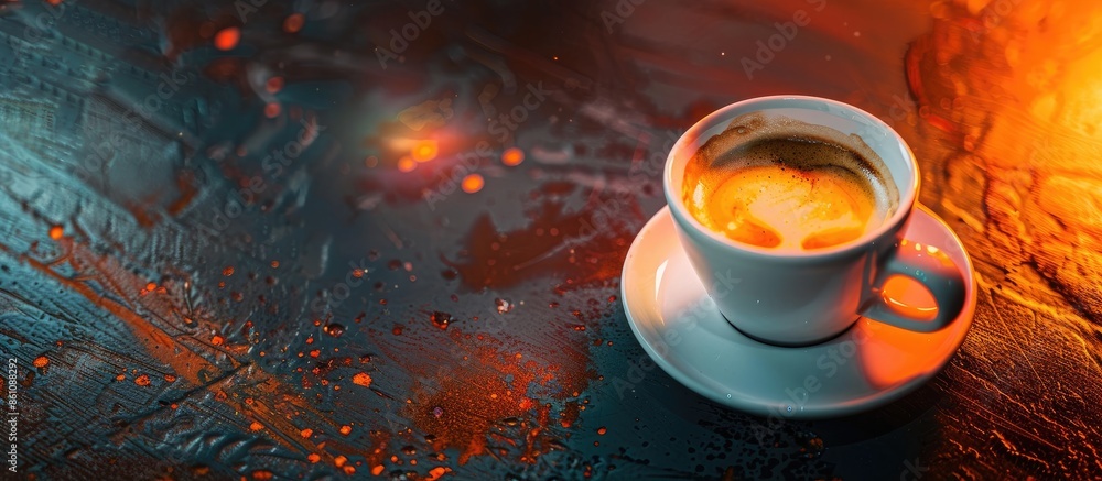 Aufkleber espresso coffee white cup on table with orange lighting. copy space image. place for adding text and