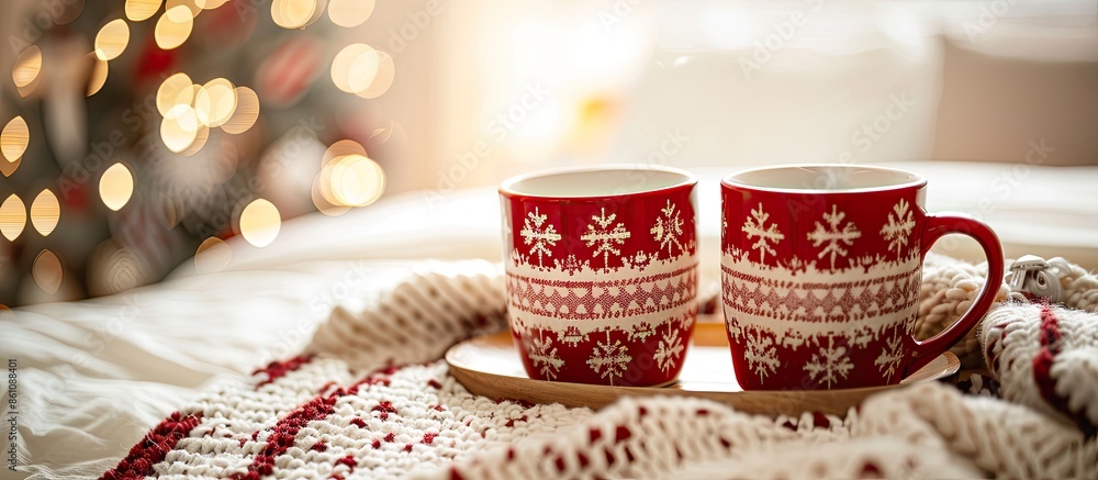 Poster two holiday mugs of hot cocoa on a tray on the bedroom at christmas time. copy space image. place fo