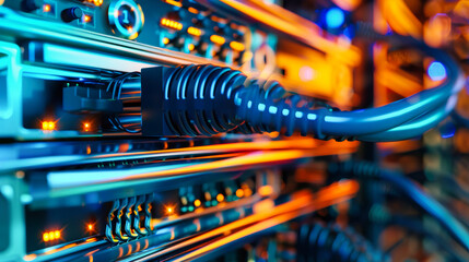 A close-up shot of a network cable connecting to a server, with glowing blue and orange lights highlighting the intricate connections within the data center