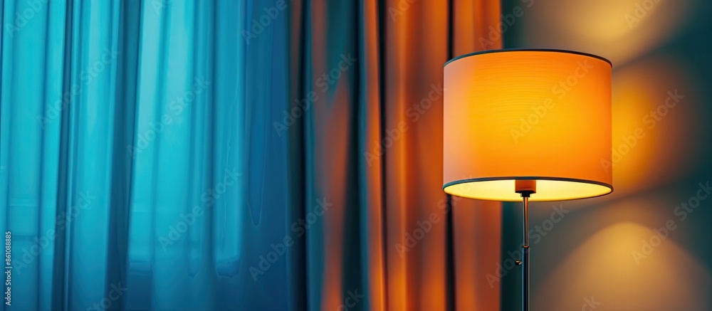 Poster modern lamp with blue curtain. warm orange light. copy space image. place for adding text and design