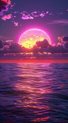 A vivid purple and pink sunset stretches across the sky above the ocean, with a massive orange sun glowing prominently. The hyper-realistic water reflects neon lights, creating a fantasy sea backgroun