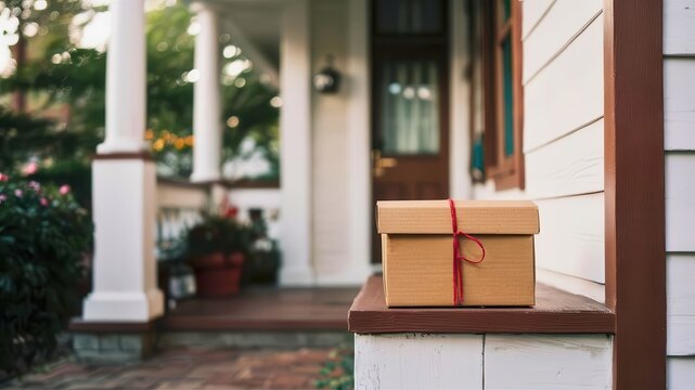 Cardboard box with a red string on a porch, ready for delivery. Package delivery concept with a cozy suburban home in the background.