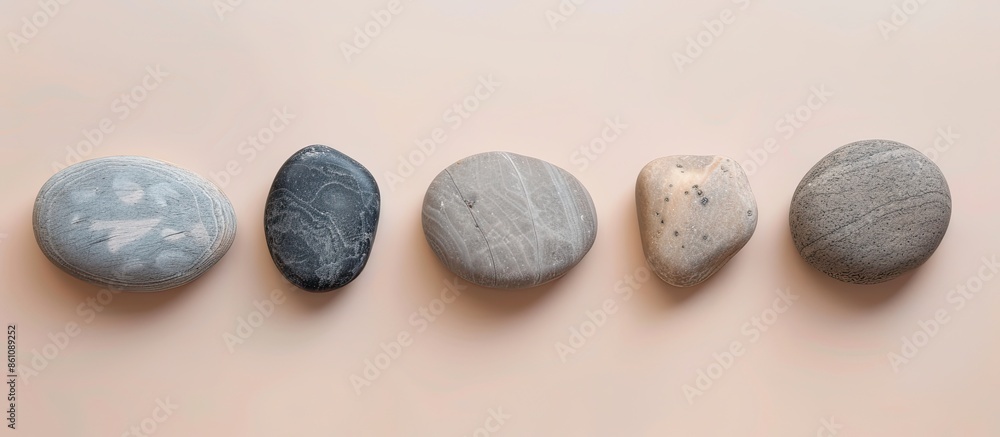 Poster six grey stones isolated on pastel background pastel. copy space image. place for adding text and de