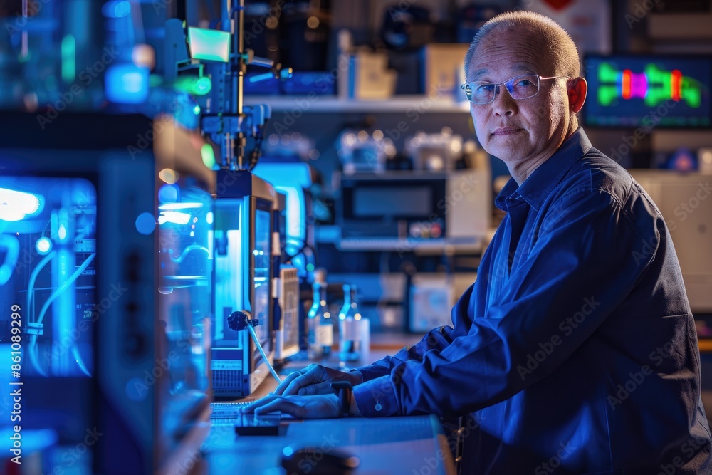 Poster cybersecurity professional monitors data streams and network security amid high-tech screens and equ