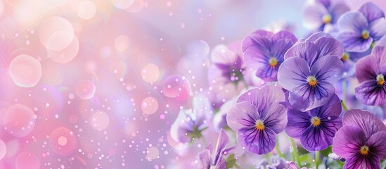 A bundle of blooming viola odorata flowers pastel background. Copy space image. Place for adding text and design