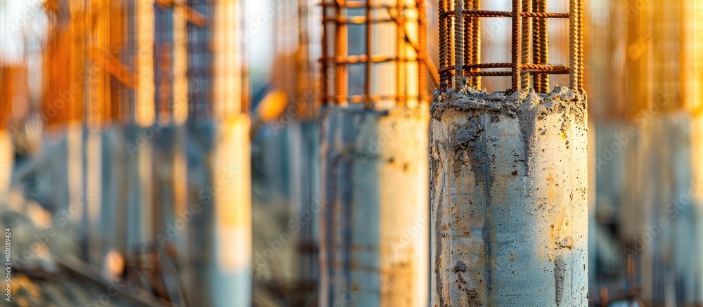 Poster a row of freshly poured concrete pillars in a high rise construction project showing rebar reinforci