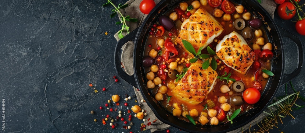 Poster cod stew with chickpeas, cherry tomatoes and olives in cast iron pan over dark stone background. top