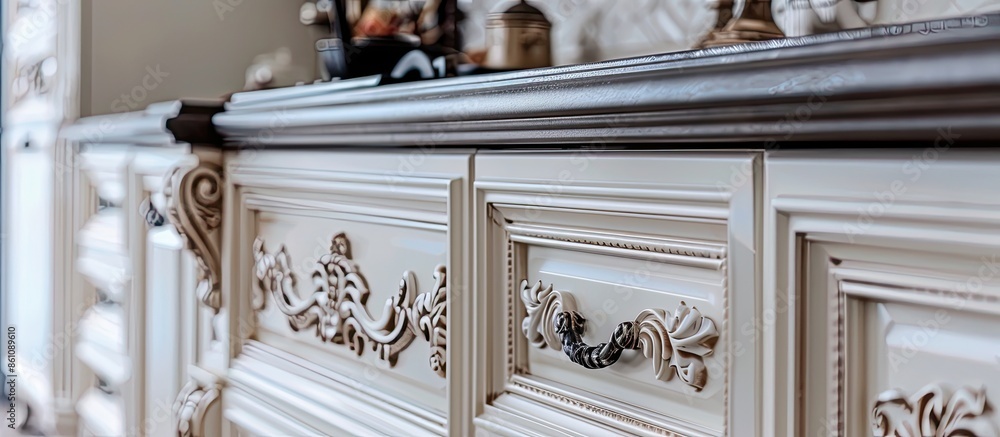 Poster fragment of kitchen furniture made in classic style. copy space image. place for adding text and des