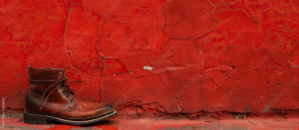 Poster an old leather shoe place on the red wall. copy space image. place for adding text and design