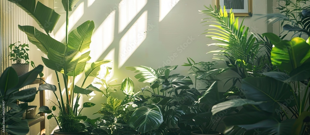 Aufkleber light over plants in livingroom. copy space image. place for adding text and design