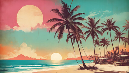 Obraz premium Artistic summer collage with palm trees and beach scenery in sunset hues blending vintage charm with vibrant tropical colors and textures