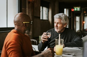 Retired friends at brunch restaurant