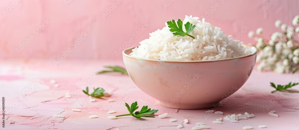 Poster plain cooked white basmati rice in a bowl, selective focus pastel background. Copy space image. Place for adding text and design