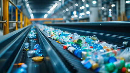 conveyor belt at a waste transfer station sorts waste for recycling or landfill. Concept Waste Management, Recycling Process, Waste Sorting Technology, Environmental Sustainability