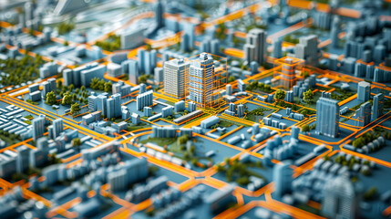 detailed, technical blueprint showcasing urban planning and city zoning. A layout of a city, including residential, commercial, industrial zones and transportation routes and green spa