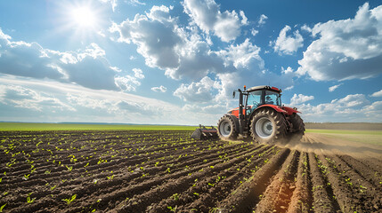 farmer driving a tractor prepares the field. As part of pre seeding chores in the early spring season of agricultural labor. Tractor plowing field at sunny day