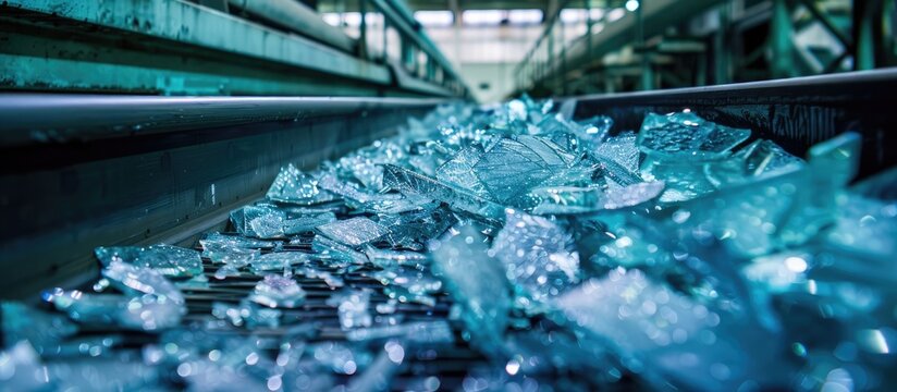 Details with shards of glass falling from a conveyor belt on a pile in a glass recycling facility. Copy space image. Place for adding text or design