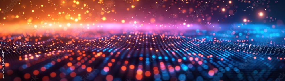Poster vibrant digital grid with glowing lights and particles, creating a futuristic and technological atmo