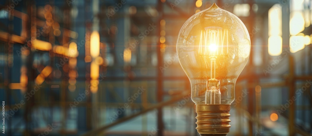 Poster bare light bulb at internal construction site. copy space image. place for adding text and design