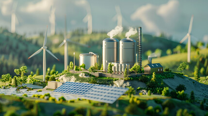green hydrogen production facility with solar panels and wind turbines generating clean electricity. Concept Renewable Energy, Green Hydrogen, Solar Power, Wind Turbines, Sustainable