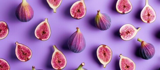Colorful fruit pattern of fresh figs on purple pastel background, top view, flat lay. Copy space image. Place for adding text or design